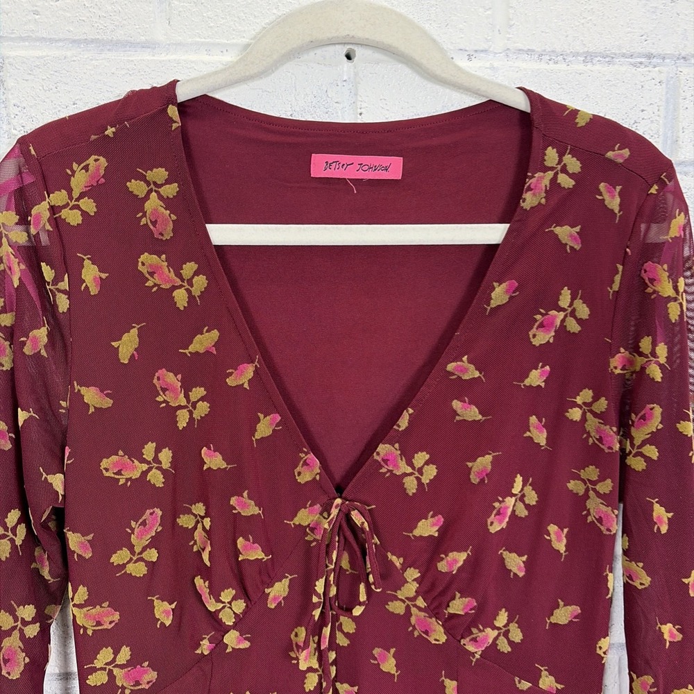 Betsey Johnson Dress Womens S Burgundy Floral Mini Sheer Mesh Flare Sleeve - Picture 3 of 12
